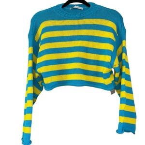 Zara Yellow Blue Striped Cotton Cropped Crew Neck Sweater Women’s S Chargers
